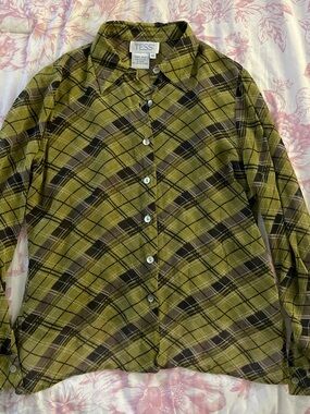 100% silk chartreuse plaid button up shirt with mother of pearl buttons